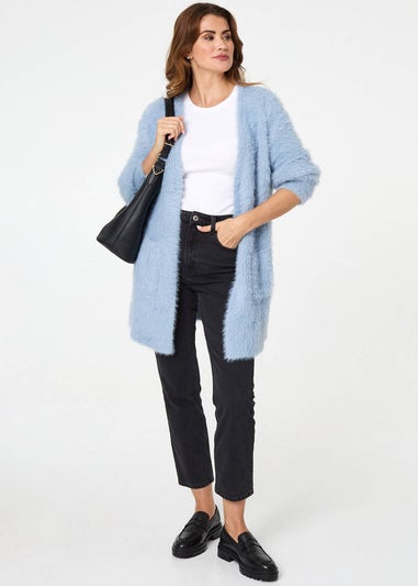 Izabel London Blue Soft Textured Longline Open Cardigan