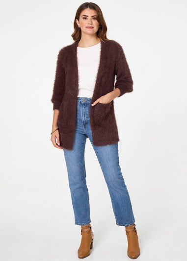 Izabel London Brown Soft Textured Longline Open Cardigan