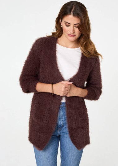Izabel London Brown Soft Textured Longline Open Cardigan