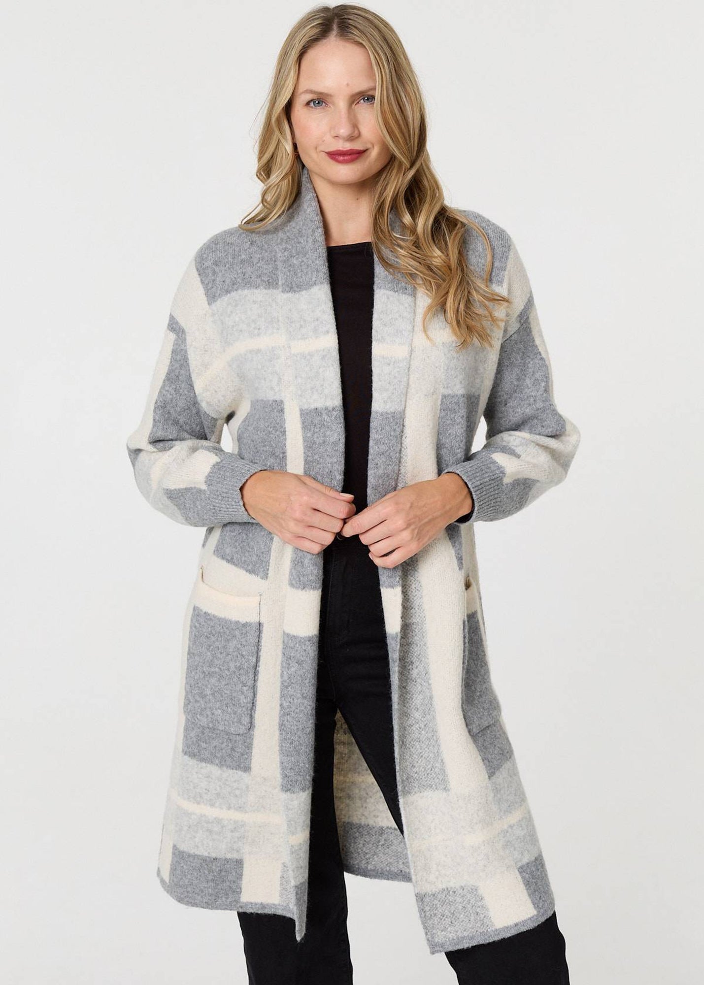 Izabel London Grey Checked Open Front Longline Cardigan - Matalan