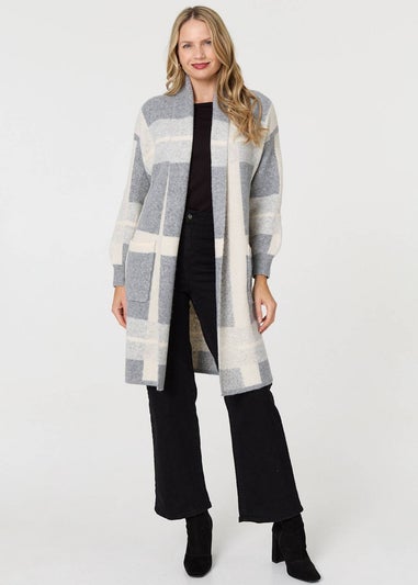 Izabel London Grey Checked Open Front Longline Cardigan