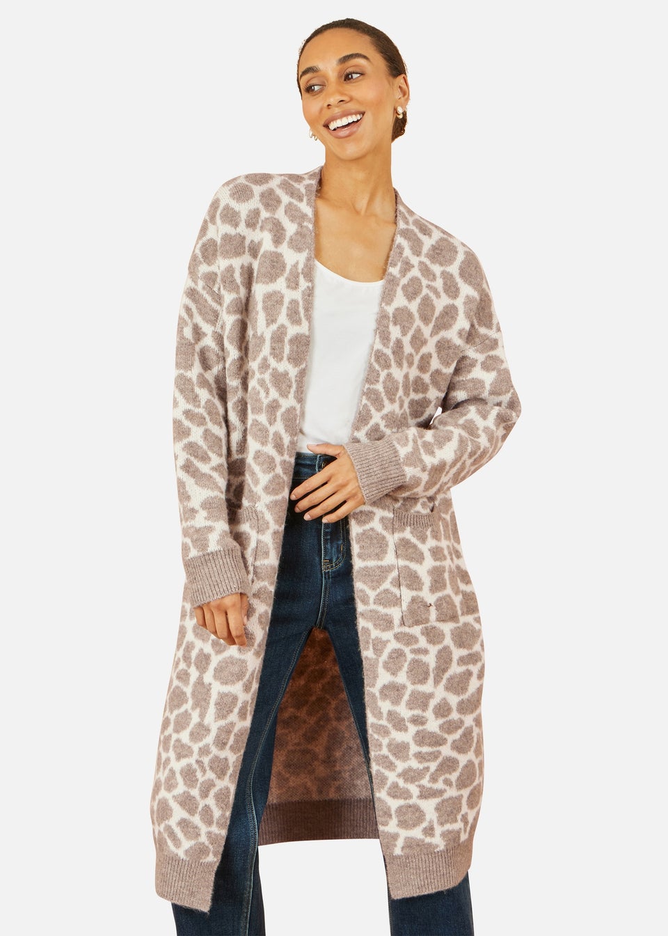 Yumi Beige Animal Print Intarsia Long Cardigan