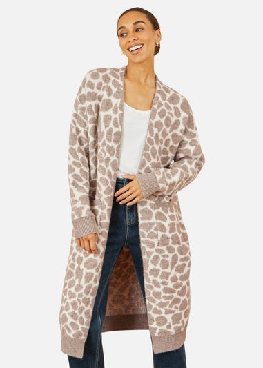 Yumi Beige Animal Print Intarsia Long Cardigan
