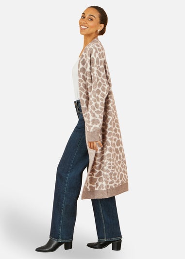 Yumi Beige Animal Print Intarsia Long Cardigan