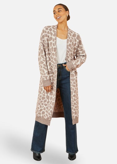 Yumi Beige Animal Print Intarsia Long Cardigan