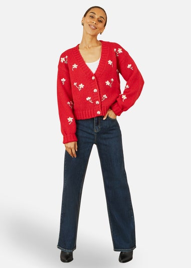 Yumi Red Hand Embroidered Chunky Knitted Cardigan