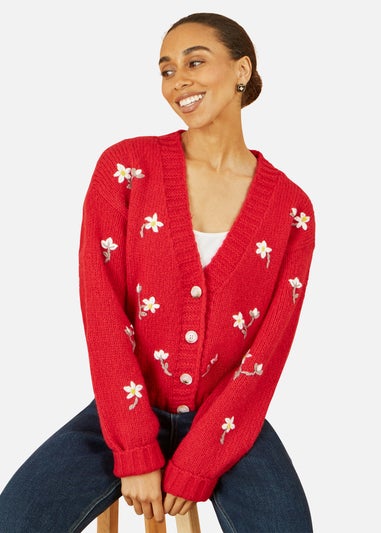 Yumi Red Hand Embroidered Chunky Knitted Cardigan