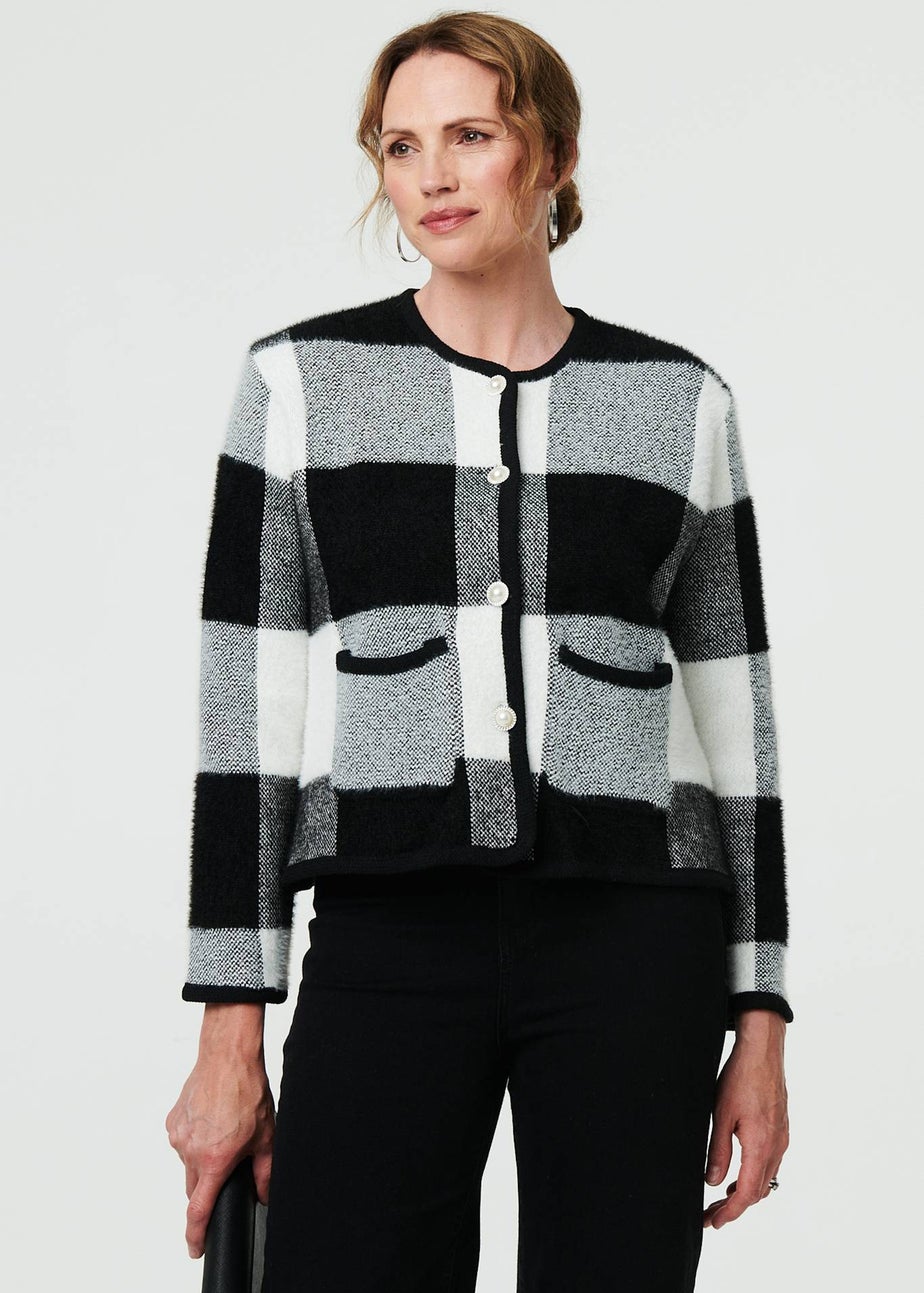 Izabel London Black & White Checkered Long Sleeve Cropped Cardigan