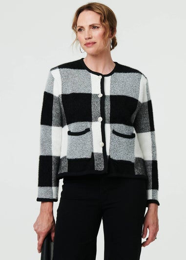 Izabel London Black & White Checkered Long Sleeve Cropped Cardigan