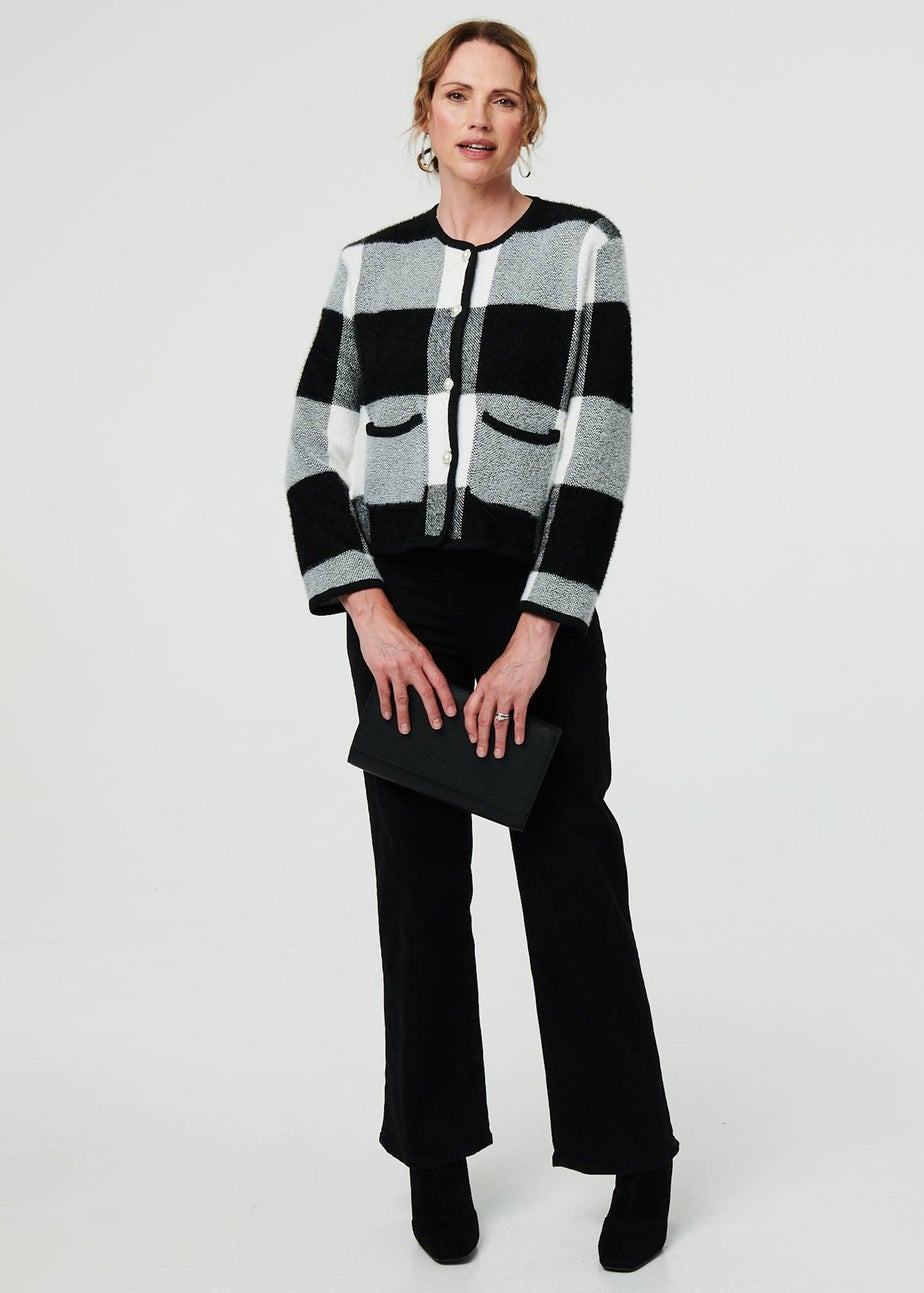 Izabel London Black & White Checkered Long Sleeve Cropped Cardigan