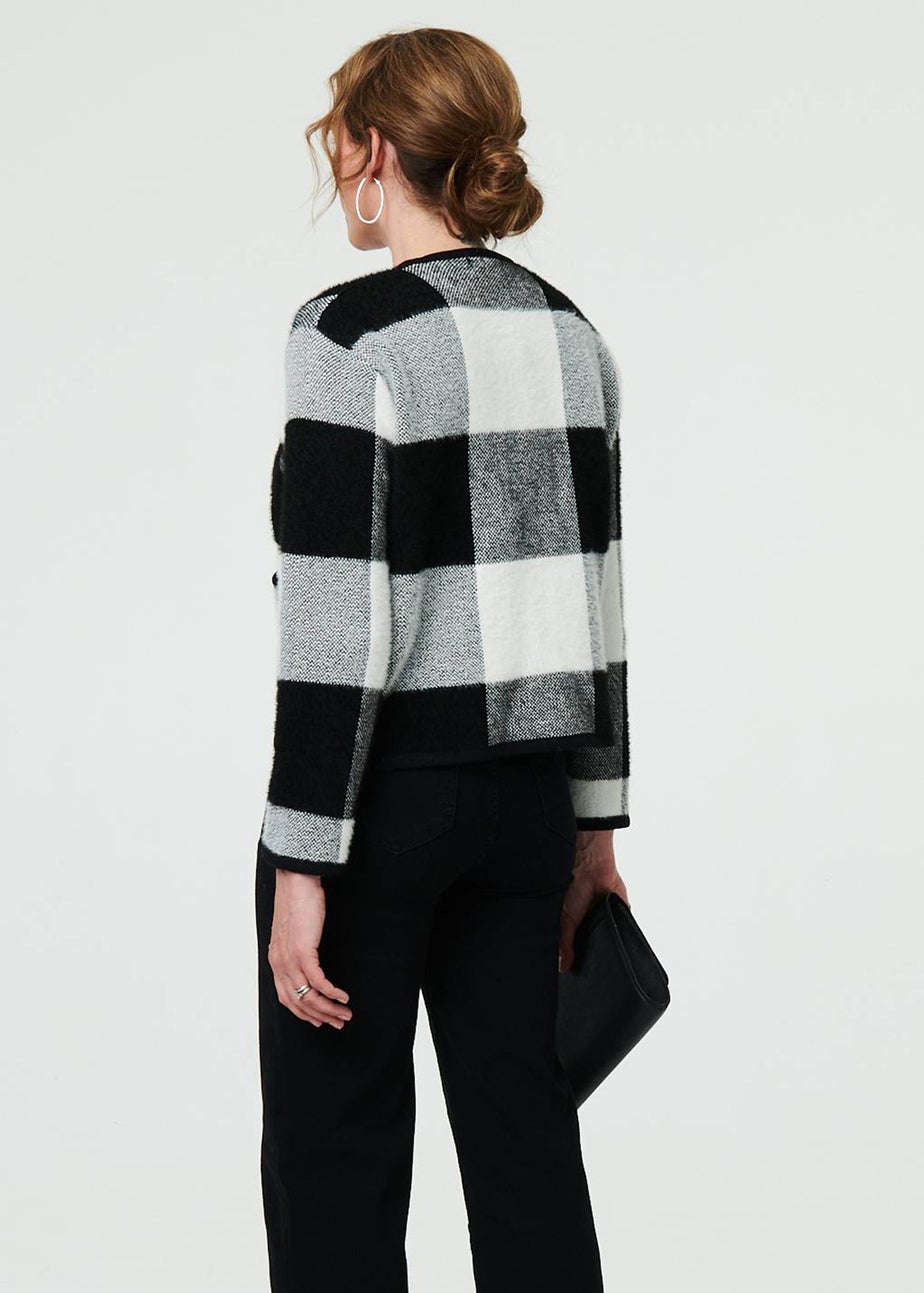 Izabel London Black & White Checkered Long Sleeve Cropped Cardigan