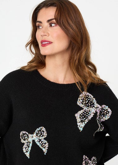 Izabel London Black Sequin Bow Detail Drop Shoulder Jumper