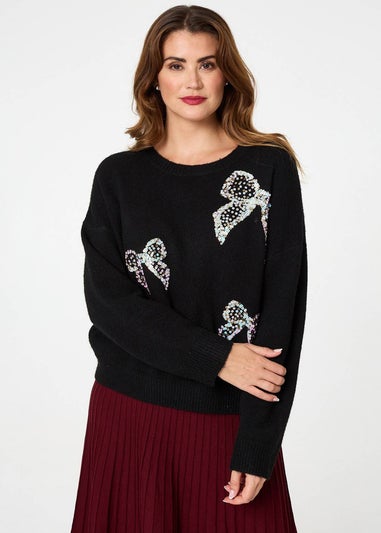 Izabel London Black Sequin Bow Detail Drop Shoulder Jumper