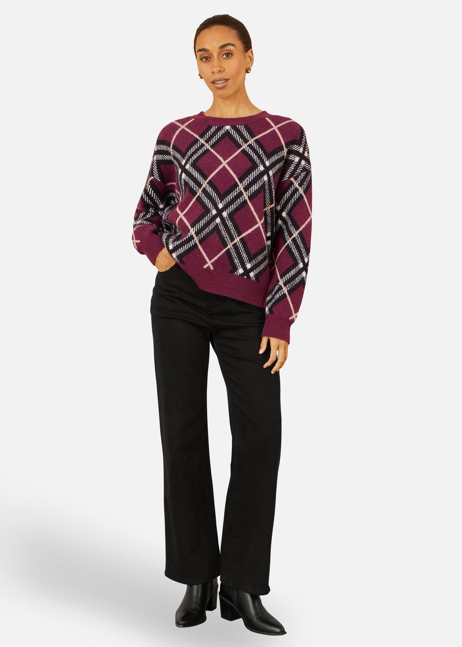 Yumi Burgundy Argyle Check Relaxed Jumper