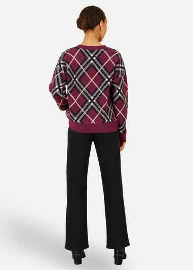Yumi Burgundy Argyle Check Relaxed Jumper