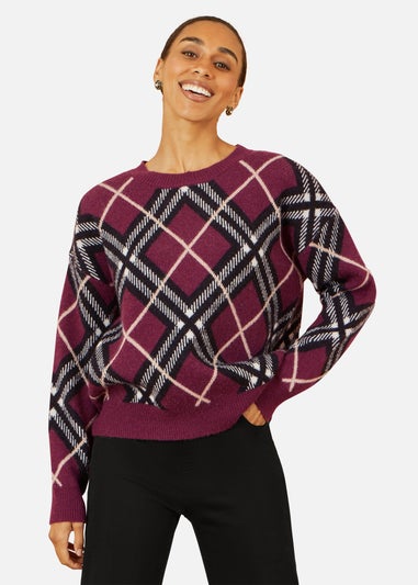 Yumi Burgundy Argyle Check Relaxed Jumper