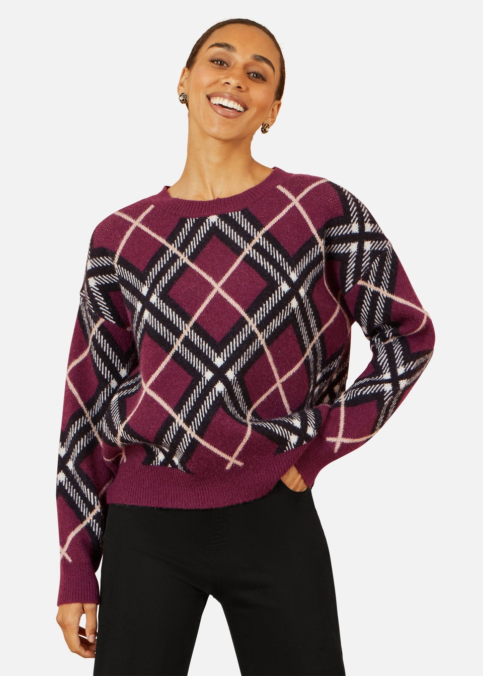 Yumi Burgundy Argyle Check Relaxed Jumper