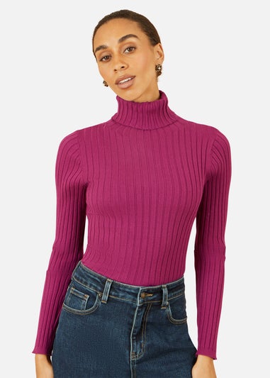 Yumi Plum Ribbed Knit Roll Neck Jumper