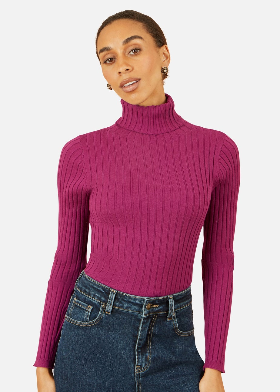 Yumi Plum Ribbed Knit Roll Neck Jumper
