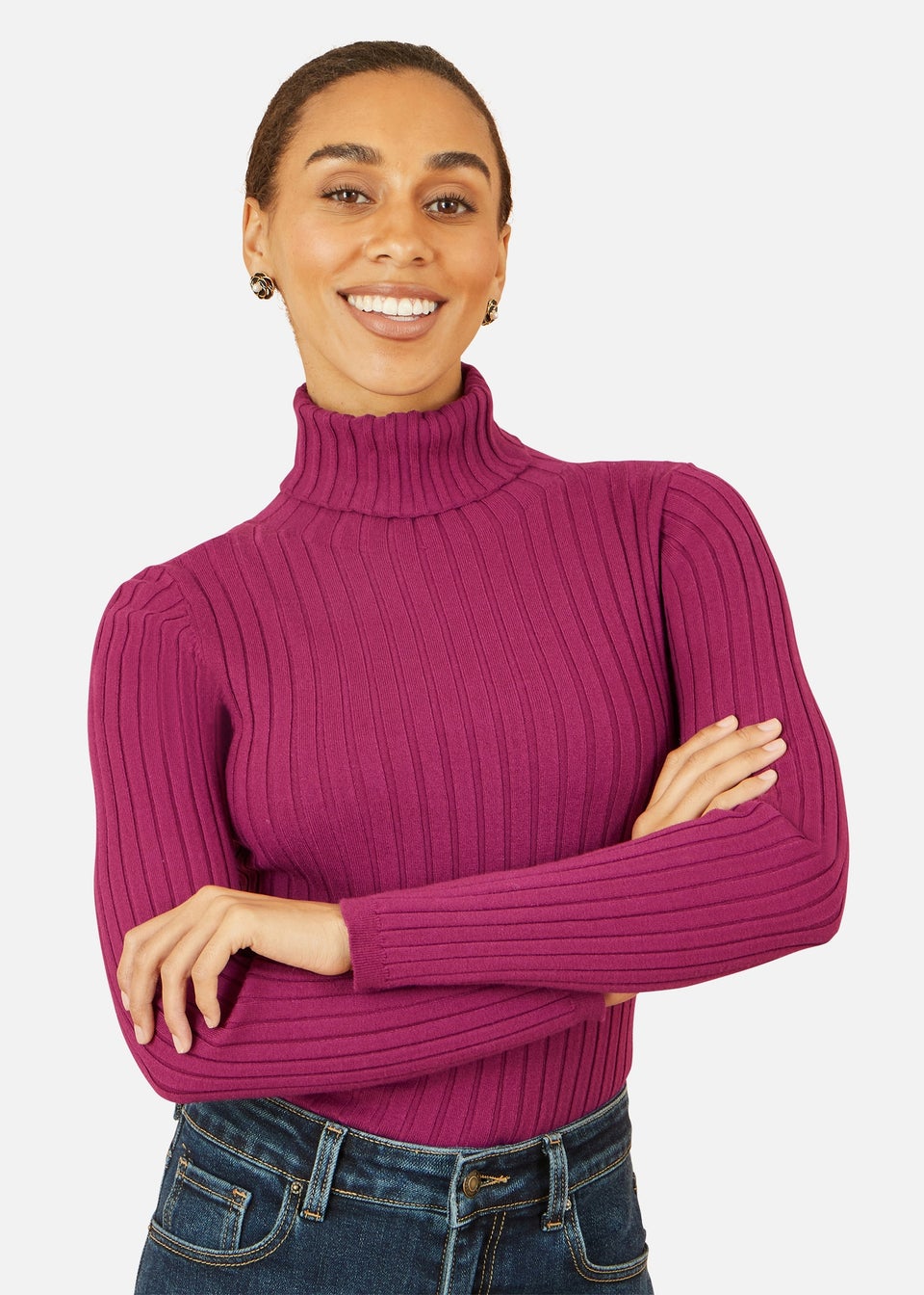 Yumi Plum Ribbed Knit Roll Neck Jumper