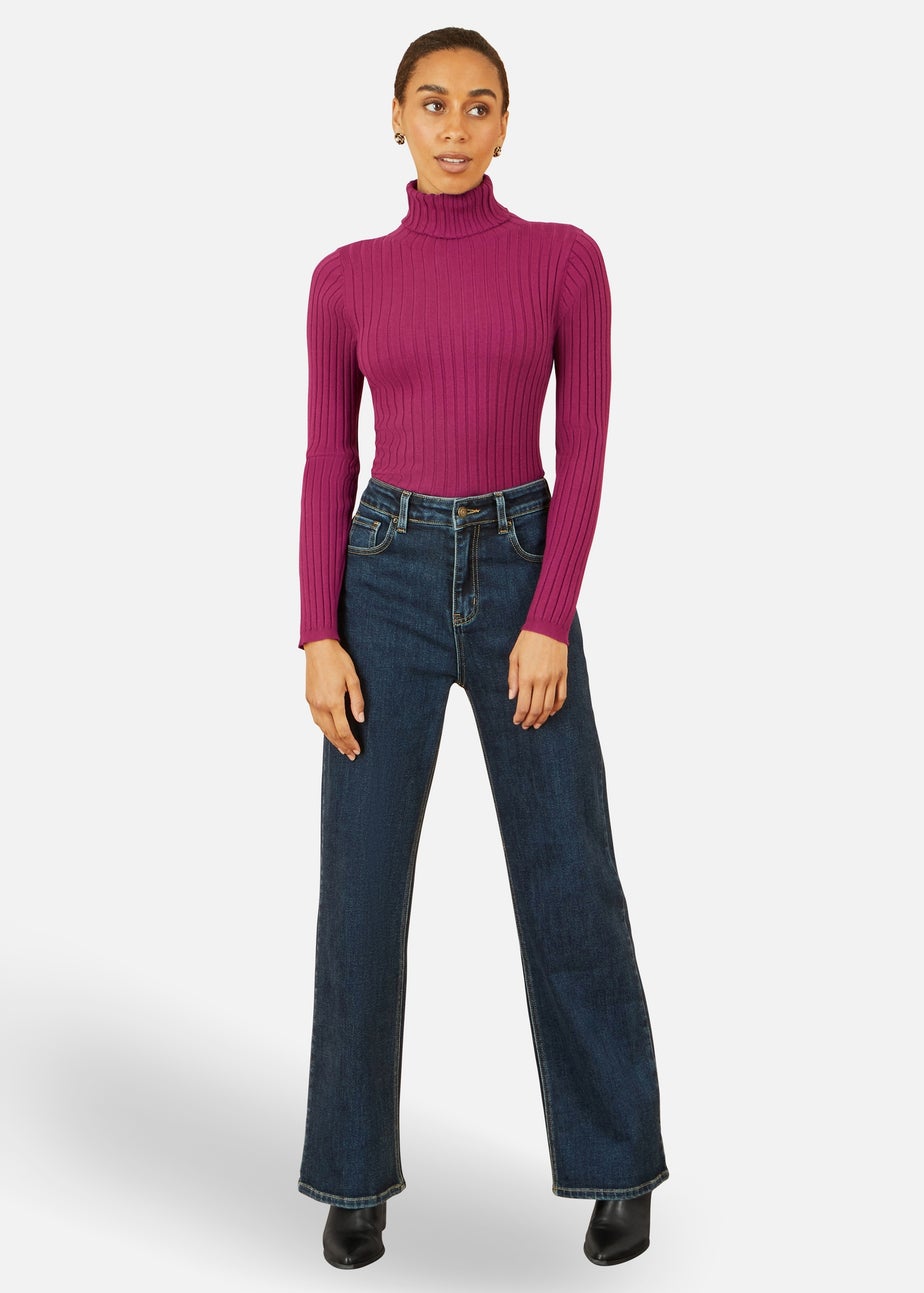 Yumi Plum Ribbed Knit Roll Neck Jumper