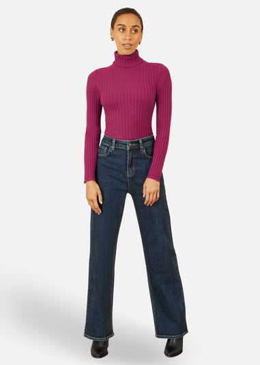 Yumi Plum Ribbed Knit Roll Neck Jumper