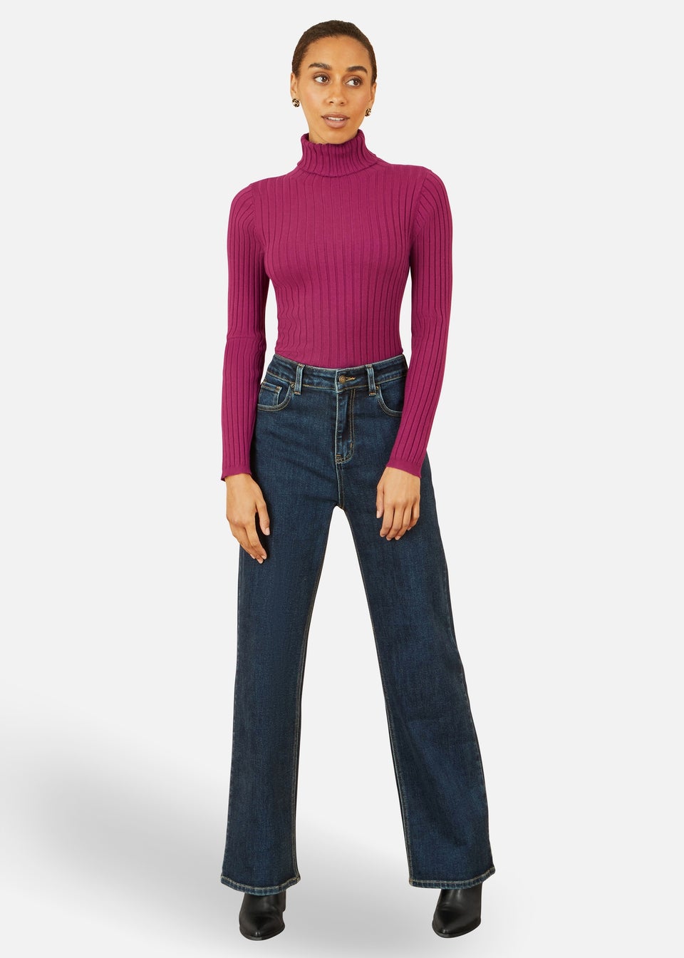 Yumi Plum Ribbed Knit Roll Neck Jumper
