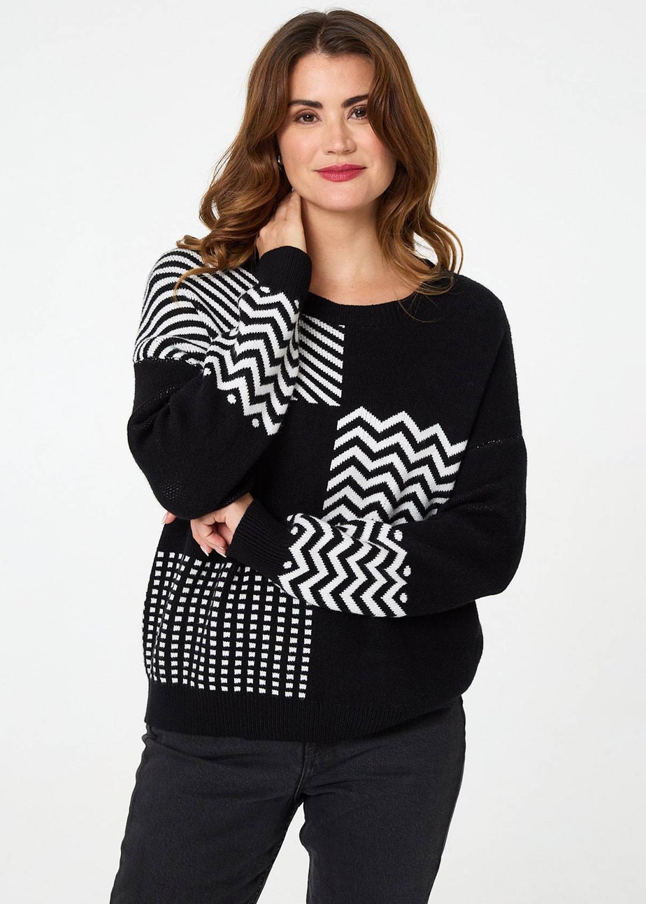 Izabel London Black Geo Print Drop Shoulder Relaxed Jumper