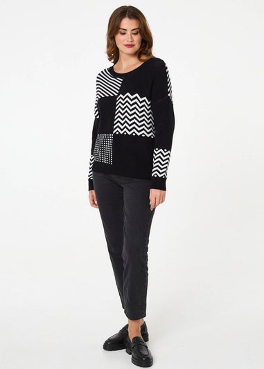 Izabel London Black Geo Print Drop Shoulder Relaxed Jumper