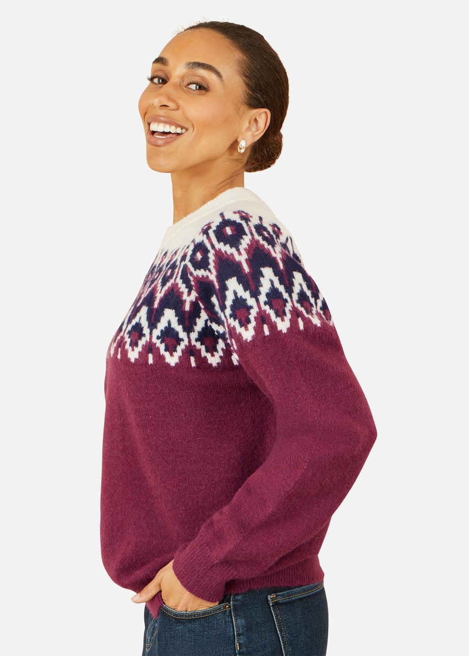 Yumi Burgundy Fair isle Relaxed Fit Knitted Jumper