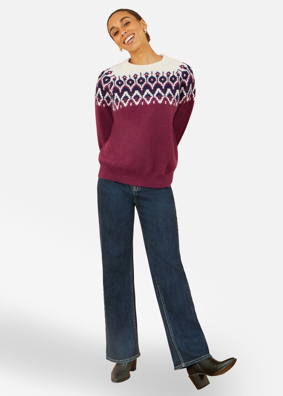 Yumi Burgundy Fair isle Relaxed Fit Knitted Jumper