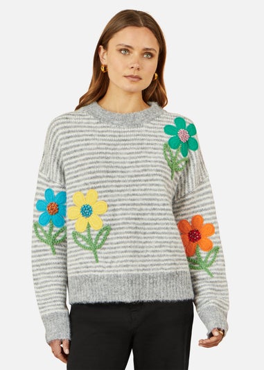 Yumi Grey Striped Relaxed Fit Jumper With Flowers