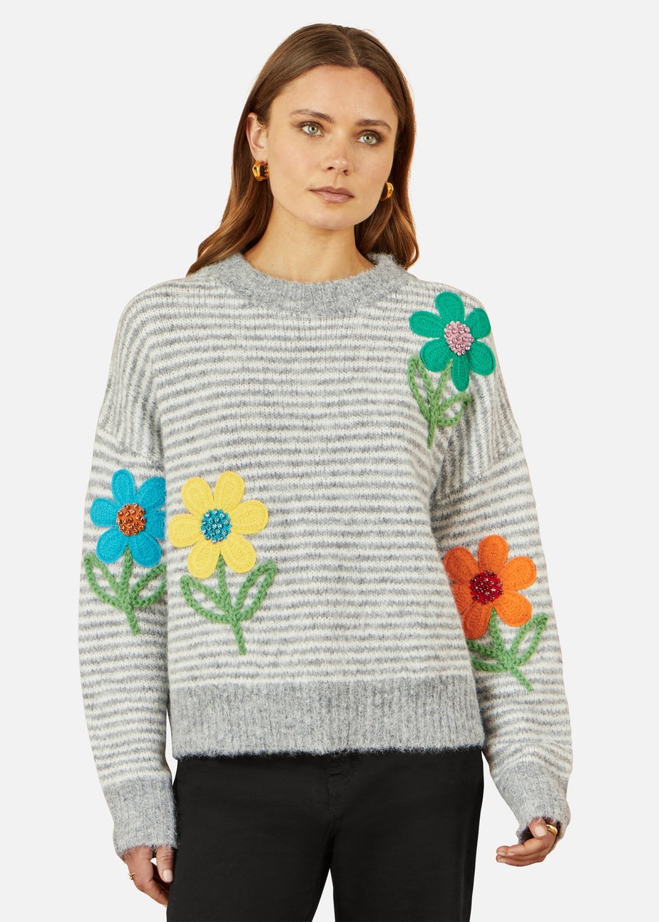 Yumi Grey Striped Relaxed Fit Jumper With Flowers