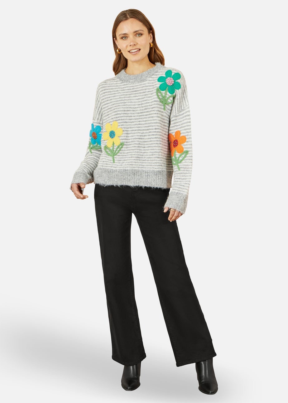 Yumi Grey Striped Relaxed Fit Jumper With Flowers