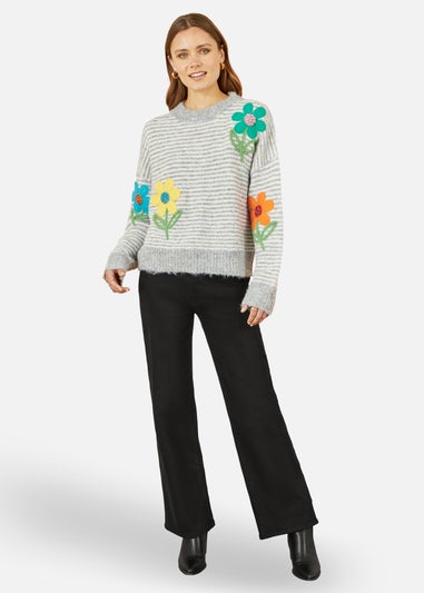 Yumi Grey Striped Relaxed Fit Jumper With Flowers