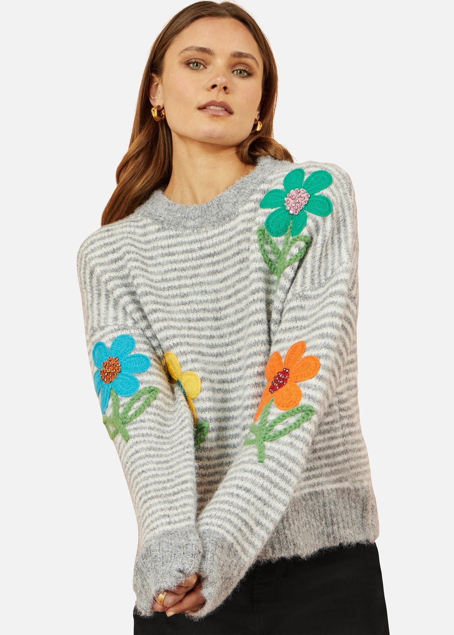 Yumi Grey Striped Relaxed Fit Jumper With Flowers