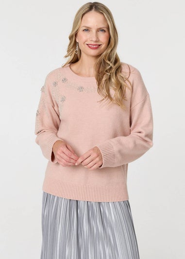 Izabel London Pink Sparkly Floral Detail Relaxed Jumper