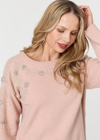 Izabel London Pink Sparkly Floral Detail Relaxed Jumper