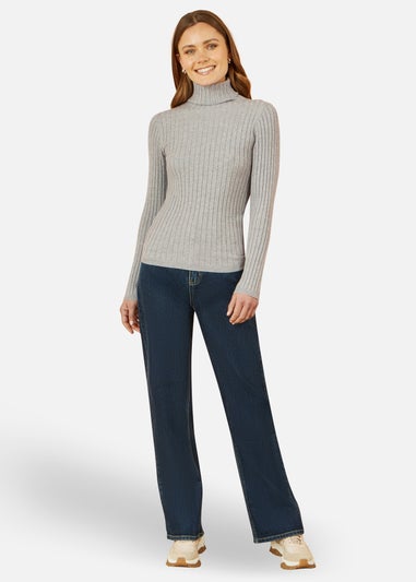 Yumi Grey Ribbed Knit Roll Neck Jumper