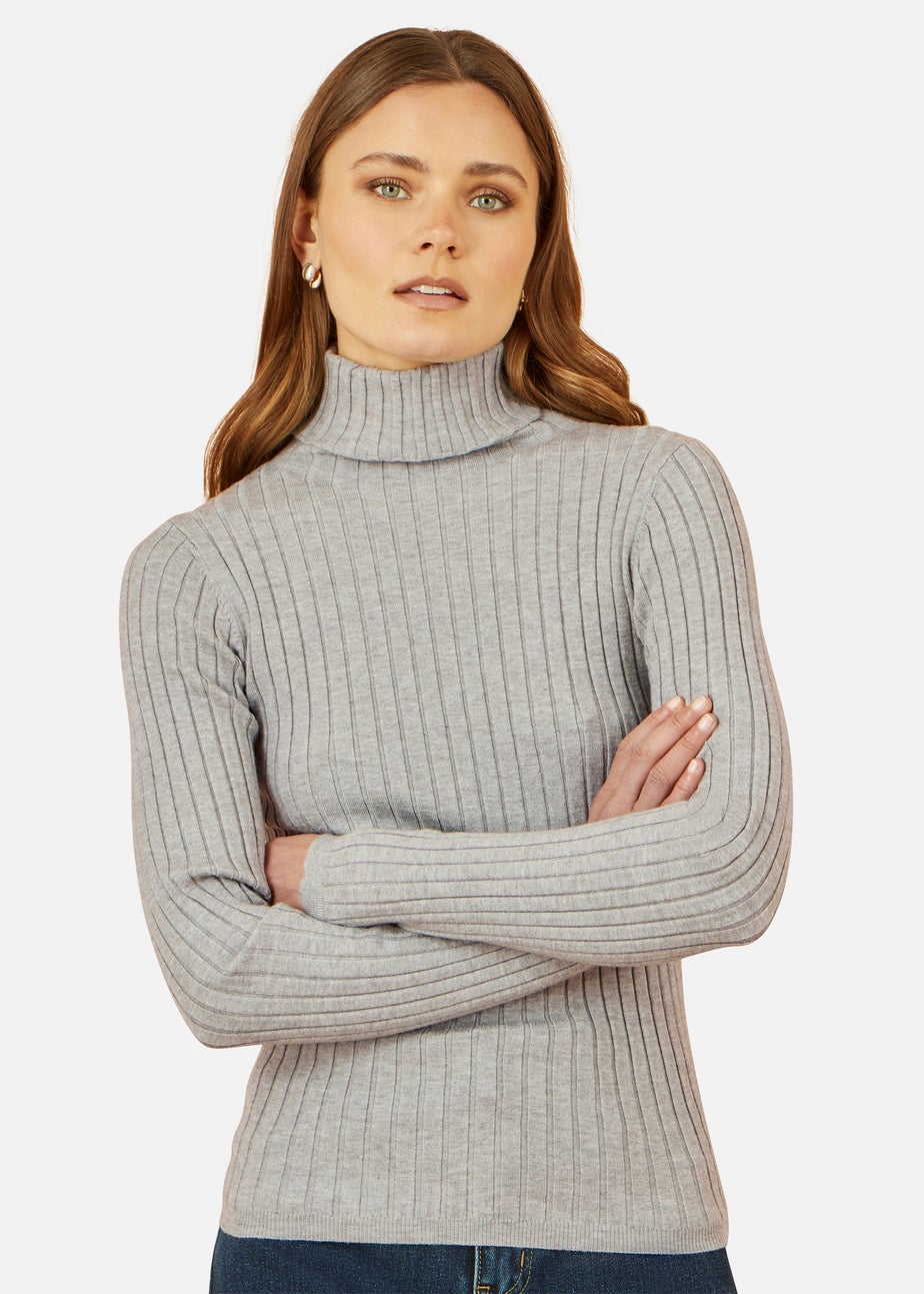 Yumi Grey Ribbed Knit Roll Neck Jumper