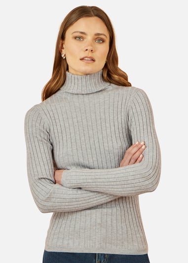 Yumi Grey Ribbed Knit Roll Neck Jumper