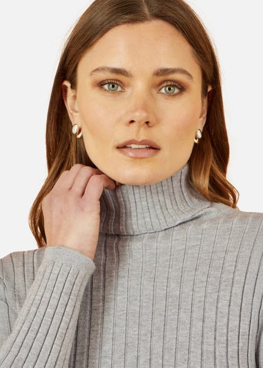 Yumi Grey Ribbed Knit Roll Neck Jumper
