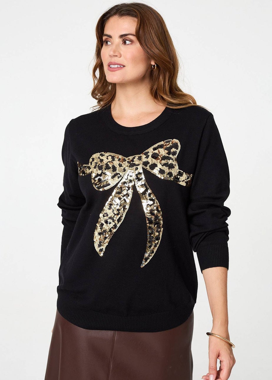 Izabel London Black Sparkly Bow Detail Long Sleeve Jumper