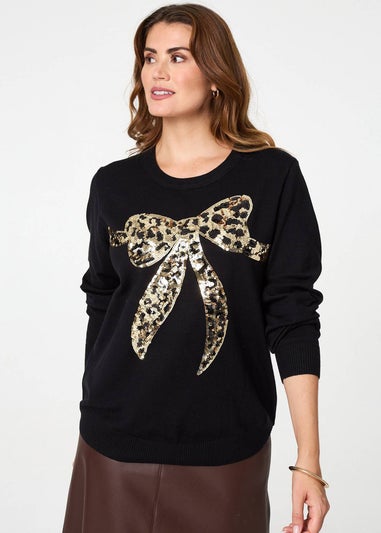 Izabel London Black Sparkly Bow Detail Long Sleeve Jumper