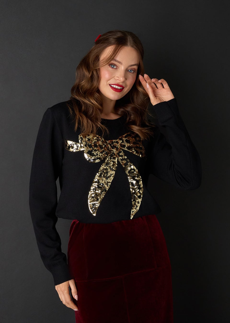 Izabel London Black Sparkly Bow Detail Long Sleeve Jumper