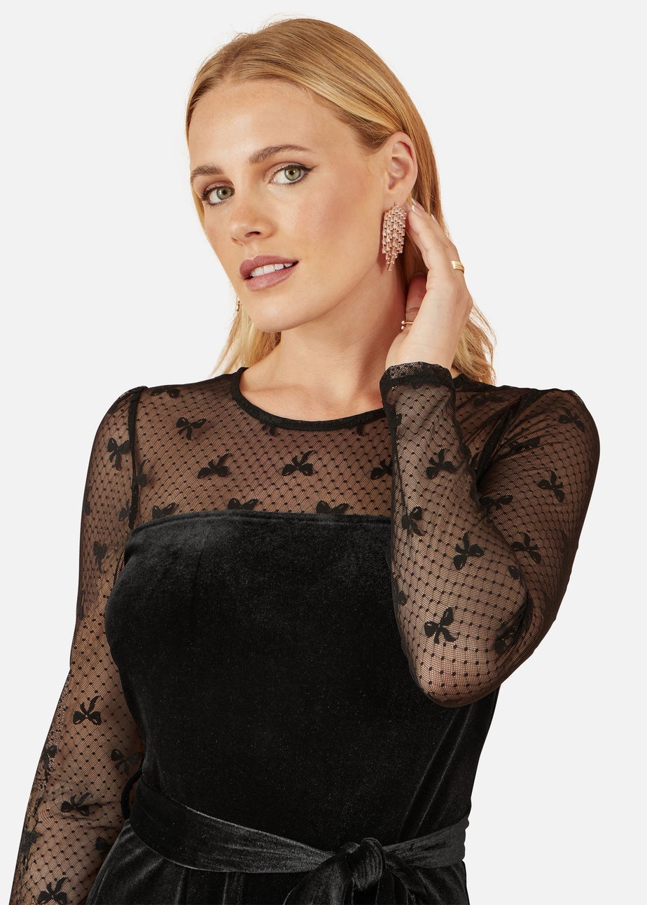 Yumi Black Velvet Skater Dress With Mesh Bow Sleeves