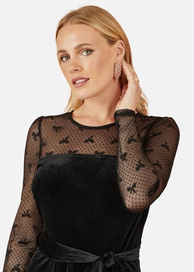 Yumi Black Velvet Skater Dress With Mesh Bow Sleeves