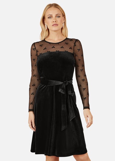 Yumi Black Velvet Skater Dress With Mesh Bow Sleeves