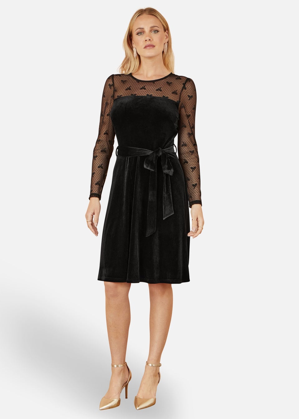 Yumi Black Velvet Skater Dress With Mesh Bow Sleeves