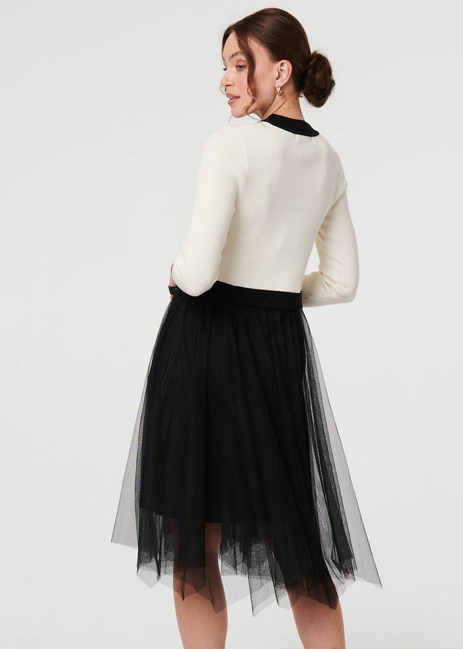 Izabel London Black & White Button Front Mesh Textured Jumper Dress